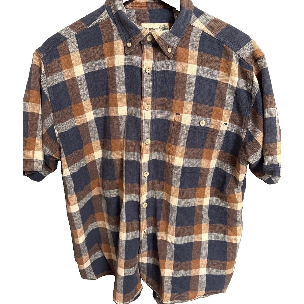 Fieldmaster Mens XL Plaid Short Sleeve Button Down Shirt Blue Brown 100% Cotton